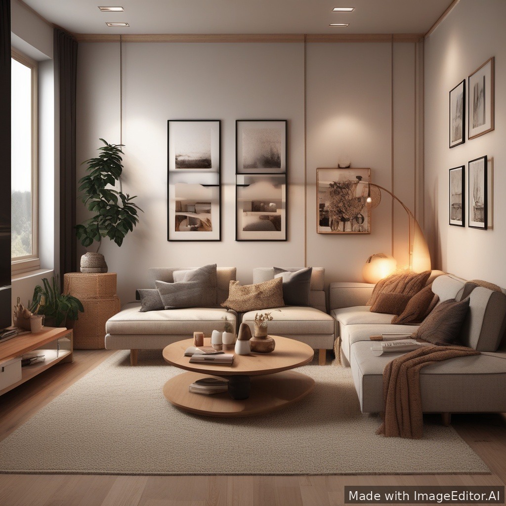A modern living room, warm lighting, cozy textures