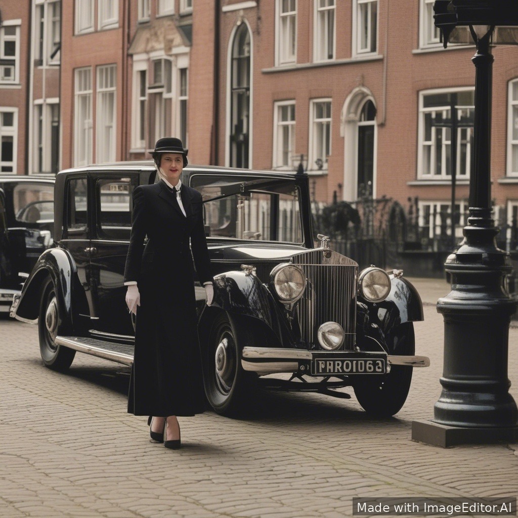 maak een plaatje van een vrouwelijke chauffeur in een lange zwarte jurk

