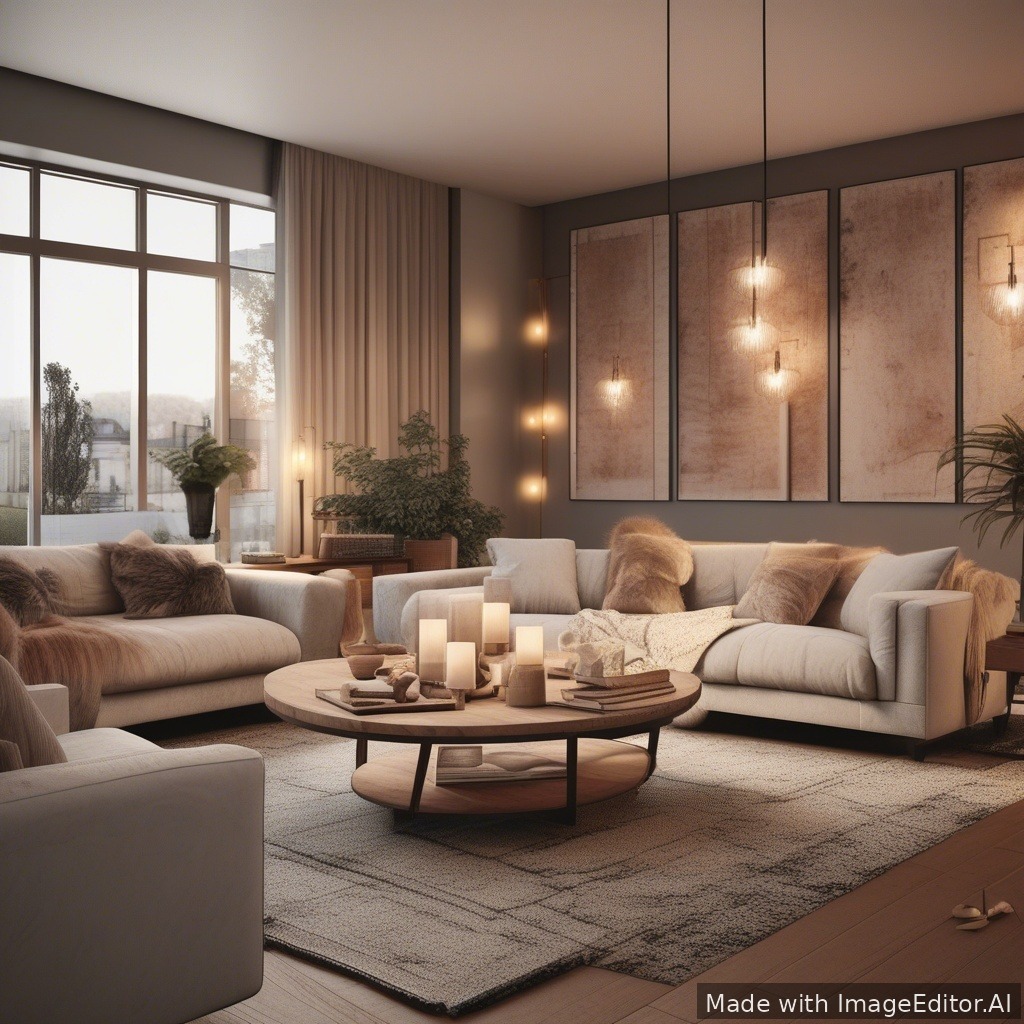 A modern living room, warm lighting, cozy textures