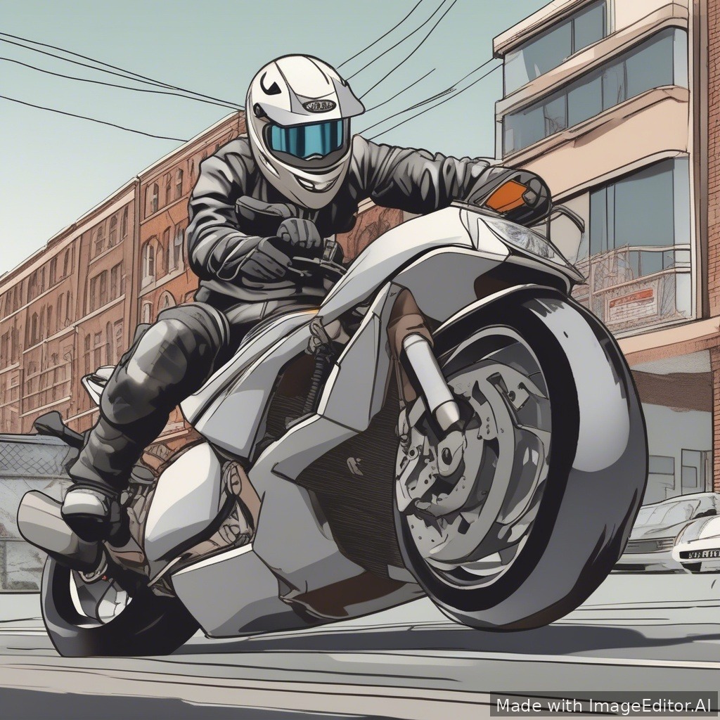 A realistic training illustration of a motorcyclist performing sudden braking in an urban environment. A car has stopped abruptly ahead. The motorcycle's front suspension is compressed, indicating braking force. The rider maintains control and proper posture. Clear focus on braking dynamics. Single scene, minimal background clutter, educational style.