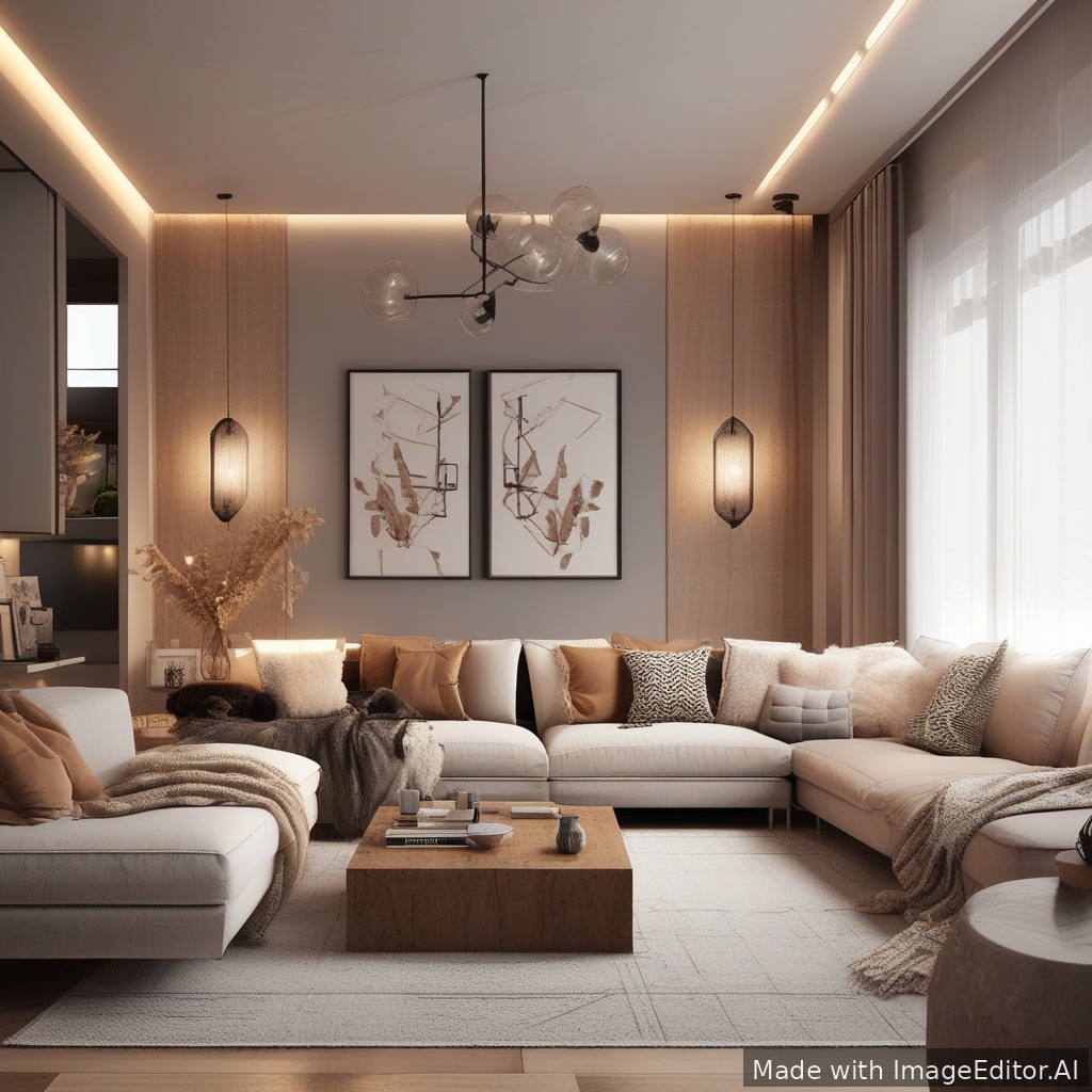 A modern living room, warm lighting, cozy textures