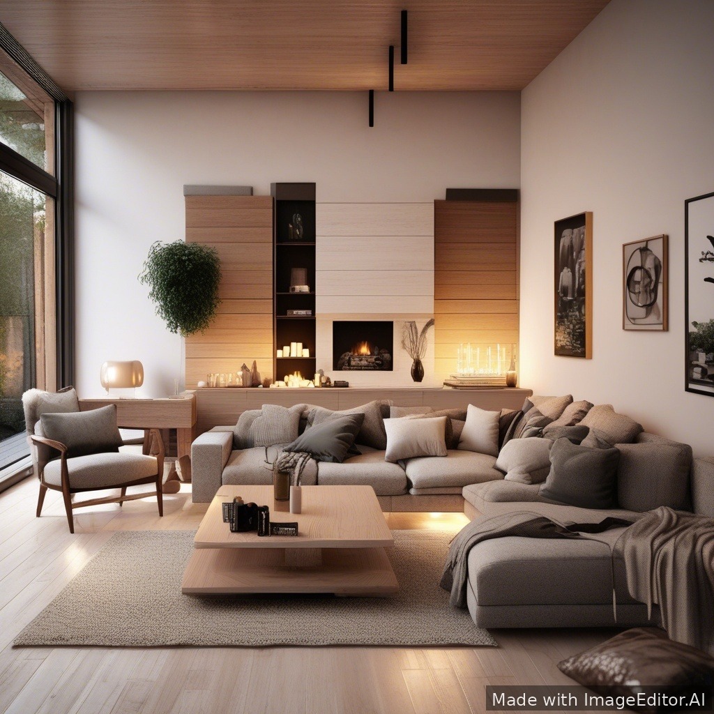 A modern living room, warm lighting, cozy textures