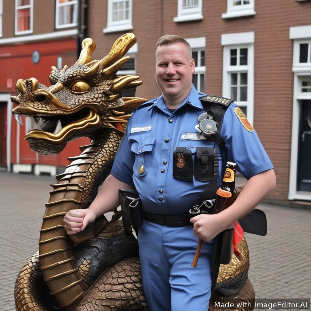 een afbeelding maken van een beer in brandweerkledij en een in politie uniform in een dragon boot
