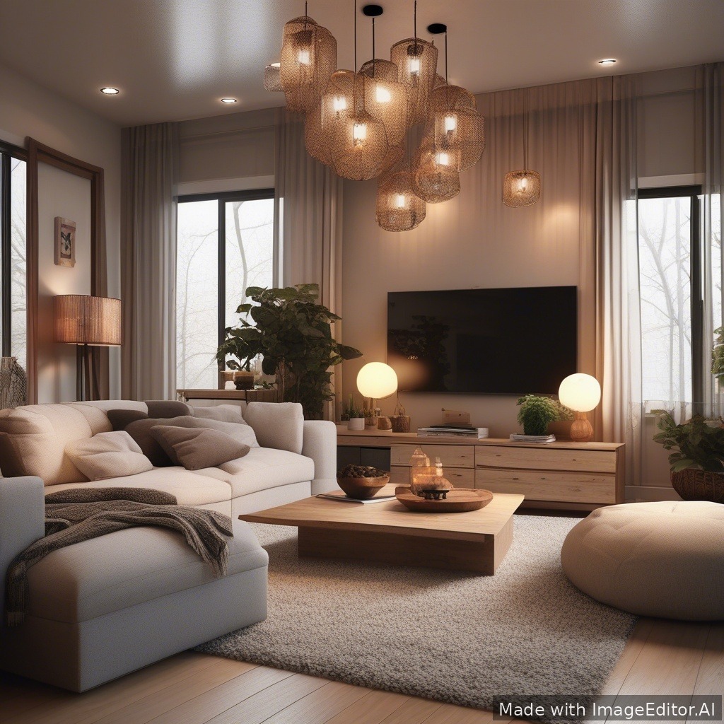 A modern living room, warm lighting, cozy textures