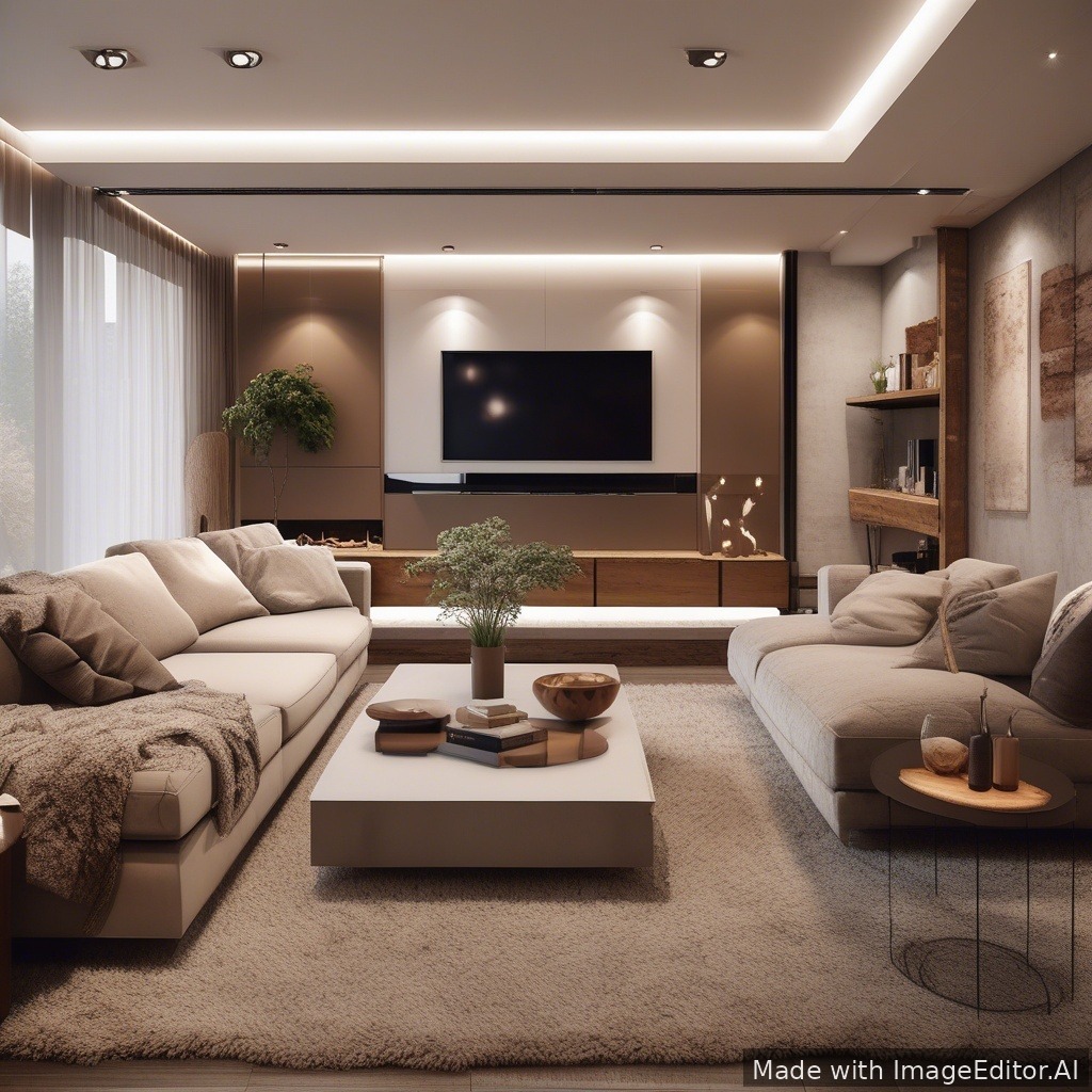 A modern living room, warm lighting, cozy textures