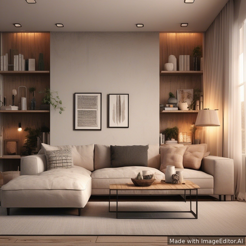 A modern living room, warm lighting, cozy textures