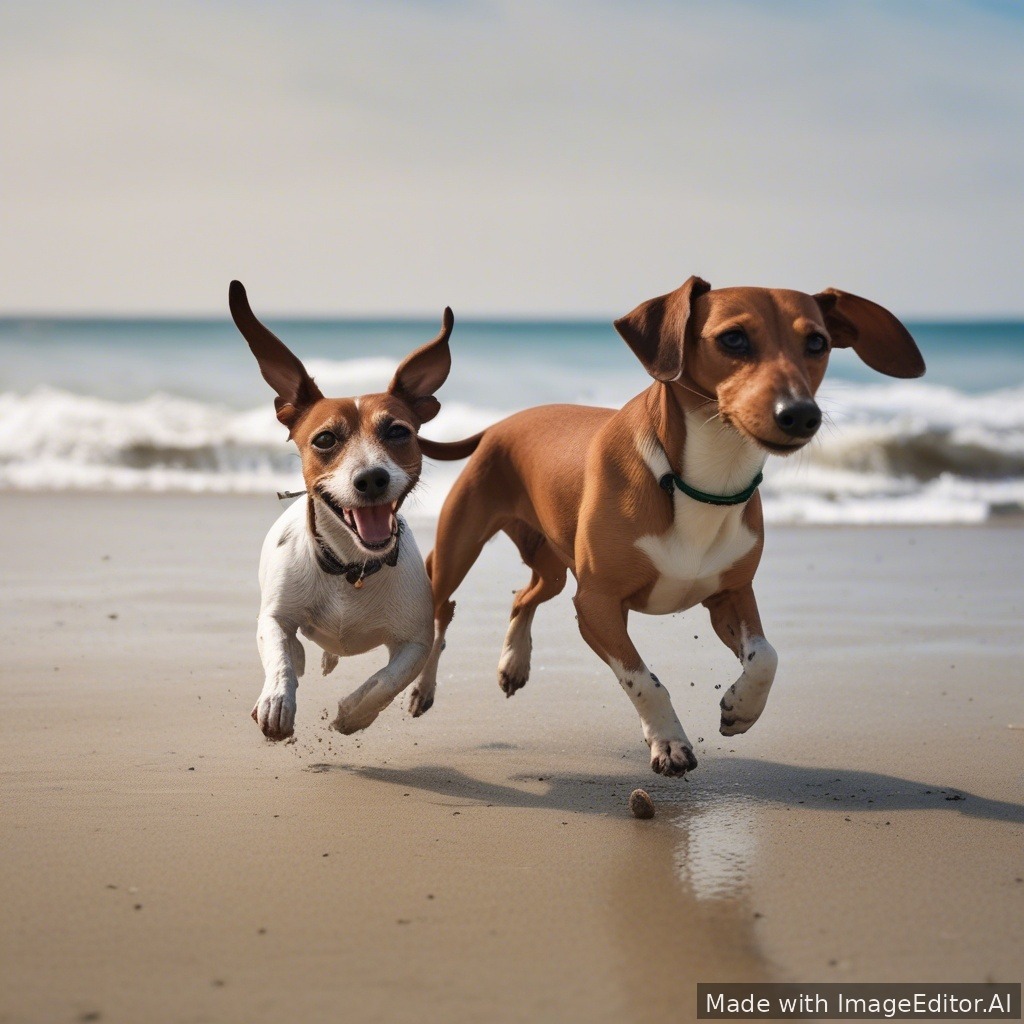 A jackrussel dog and a daschund playing on the beach