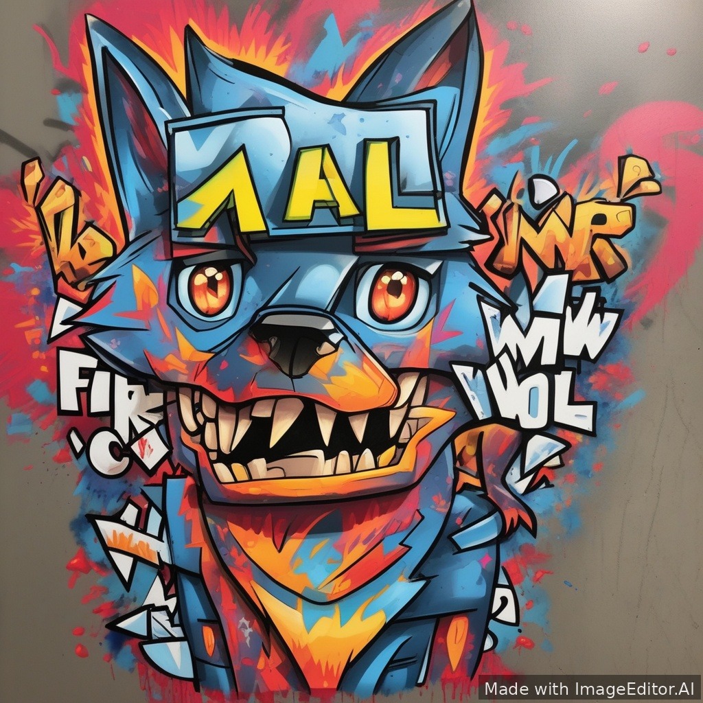 Can you make a graffiti art piece with word swap. While having the character fire wolf from the show swapped and boogle next to the word. Make the letters a bit more complex. Use at least a minimum of three colors. Have arrows show casing how they swapped. Make sure it looks drawable