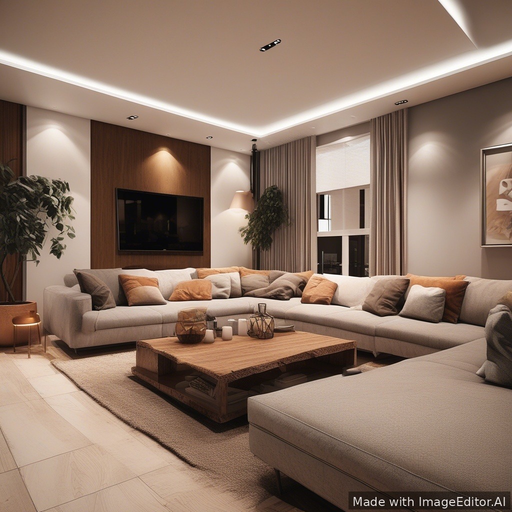 A modern living room, warm lighting, cozy textures