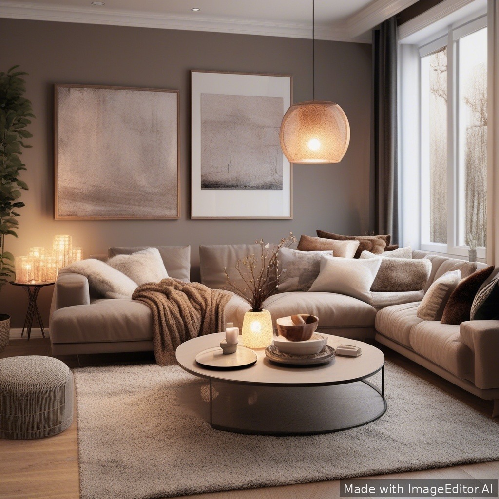 A modern living room, warm lighting, cozy textures