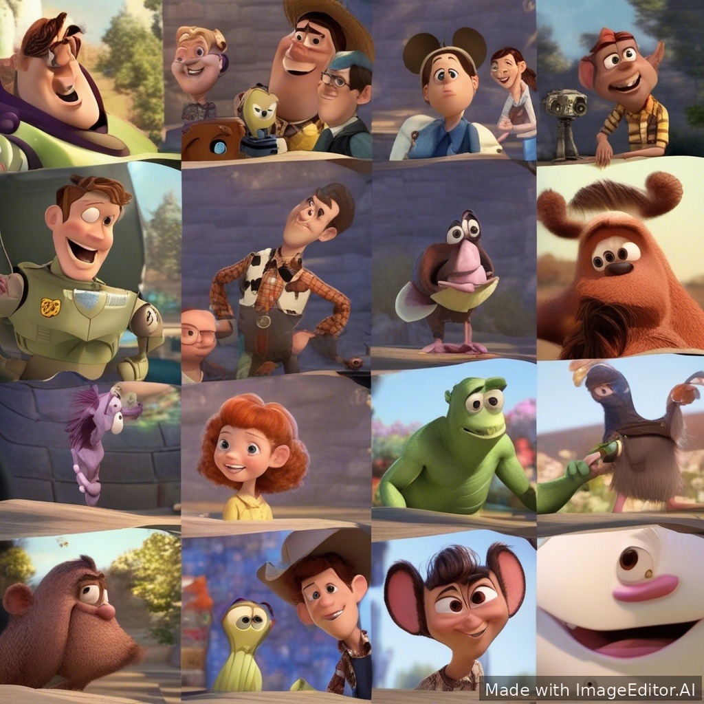 Ты можешь сделать эти два изображения в стиле Disney-Pixar, где мужчина смотрит с неба на девушку.