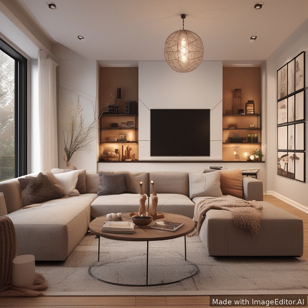 A modern living room, warm lighting, cozy textures