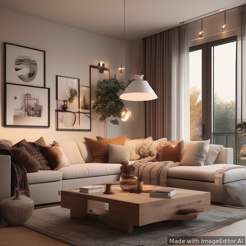 A modern living room, warm lighting, cozy textures