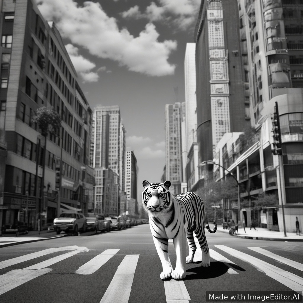 A wide angle view of a tiger standing on a street crossing in an urban city. The city must be desaturated, not contain any color, and in a muted black and white tone. The sky must be clear and without clouds, but not too bright. The image must be crisp and contain no blur anywhere. Only the tiger must be in full color., photorealistic, professional photography, 8k, highly detailed, photorealistic, high detail