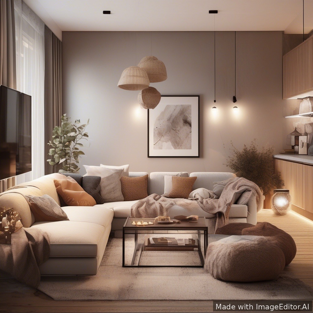 A modern living room, warm lighting, cozy textures