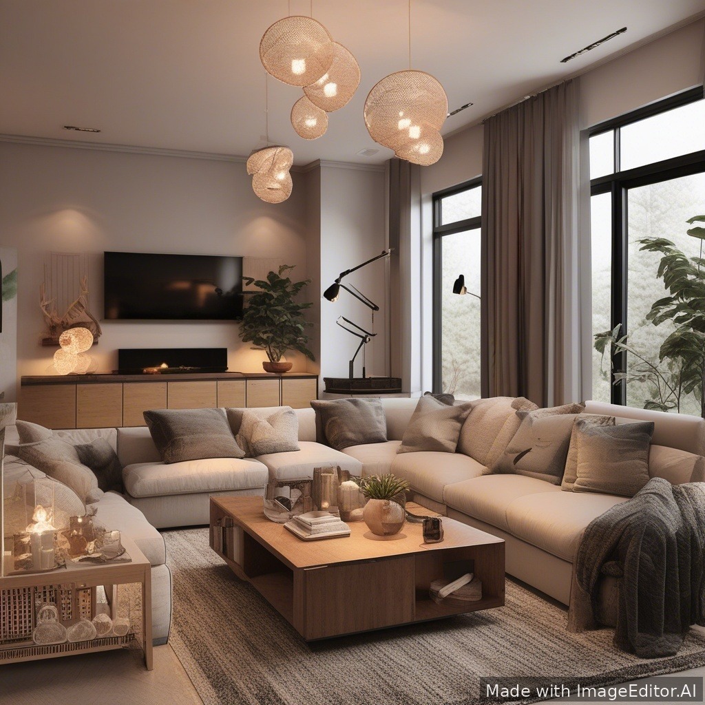 A modern living room, warm lighting, cozy textures