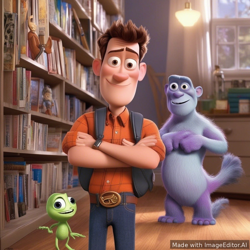 Сделай чтобы собака улыбалась и смотрела на хозяйку с неба в стиле Pixar