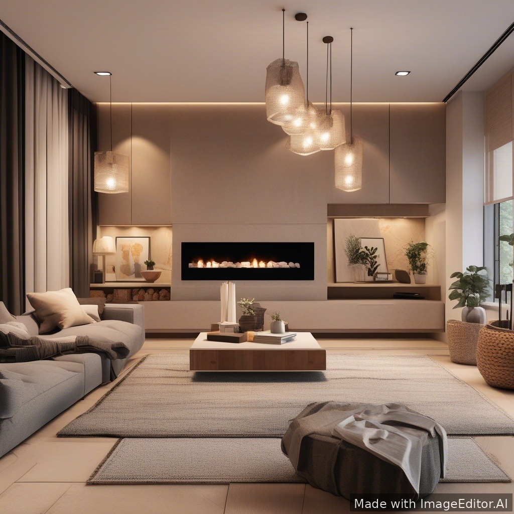 A modern living room, warm lighting, cozy textures