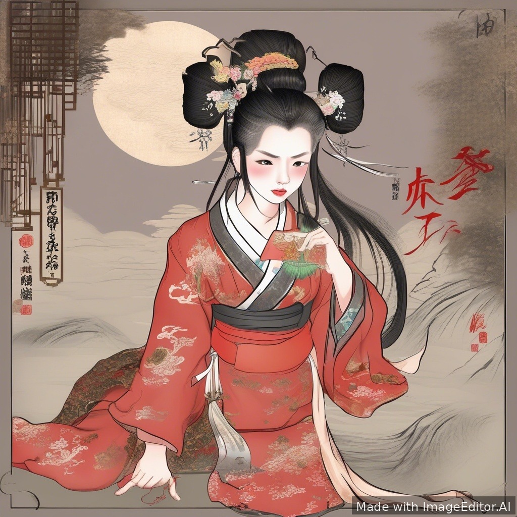 右边的熟女身材丰满胸大，屁股大，脱掉上衣，穿着性感的丝袜跪在地上，高高的撅起屁股，左边的少女手里拿着鞭子，抽打着右边熟女的屁股，熟女的屁股已经被打红。