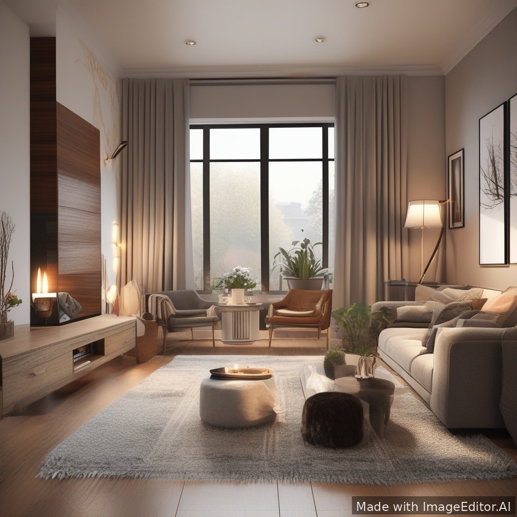 A modern living room, warm lighting, cozy textures, photorealistic, high detail