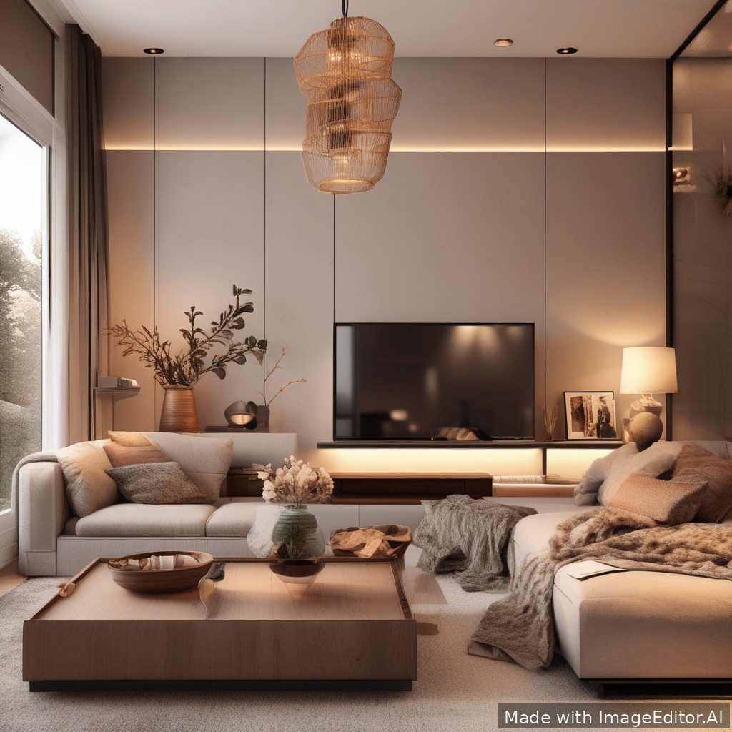 A modern living room, warm lighting, cozy texture