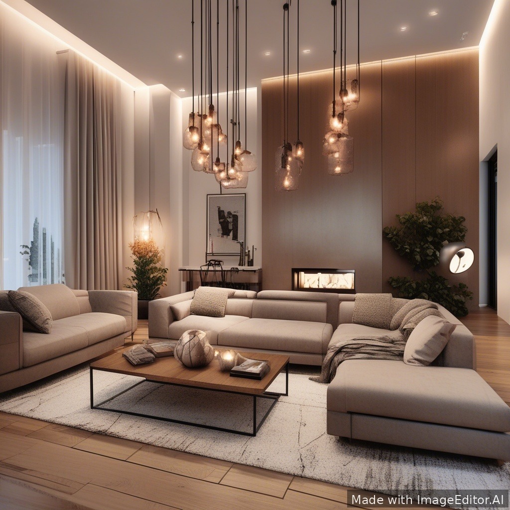 A modern living room, warm lighting, cozy textures