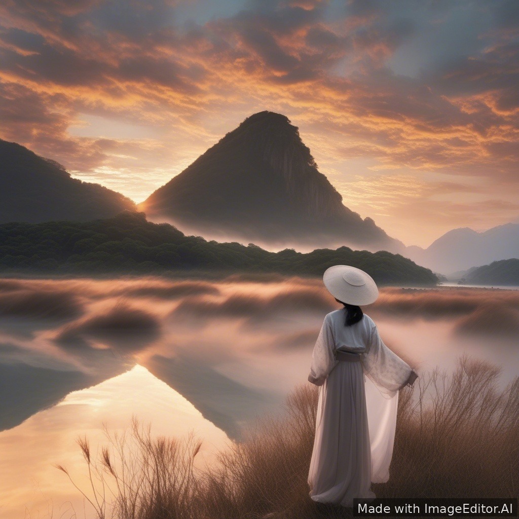 Imagenes relajantes paisaje de un atardecer y la frescura del viento suelta su cabello que vuela sobre sus hombros y sus bellos ojos asiaticos rasgados le dan un belleza absoluta a esta imagen.