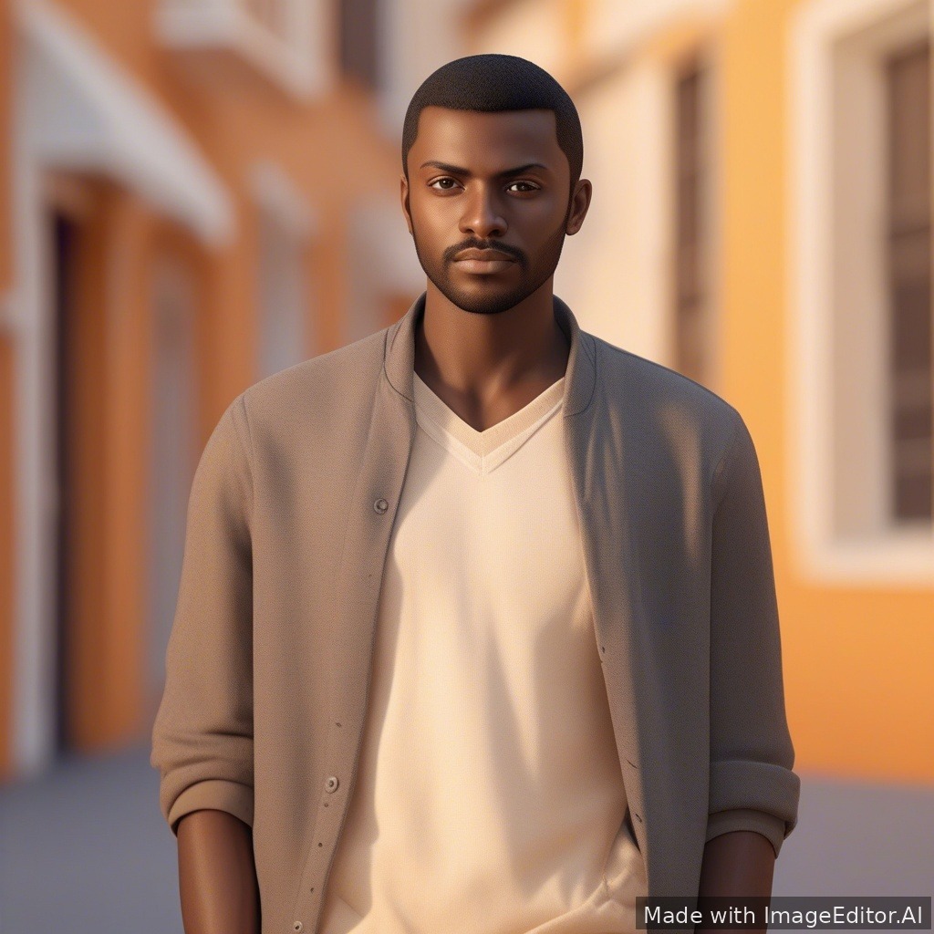 Translation (English for AI models): 
A young dark-skinned man in his early twenties, clear facial features, short dark hair and light beard, wearing casual modern clothes with minimal accessories, standing confidently looking at the camera, warm orange-yellow background with soft lighting on the face, photorealistic style with subtle cinematic effect, shallow depth of field, fine details in skin and clothing, contemporary and sophisticated atmosphere