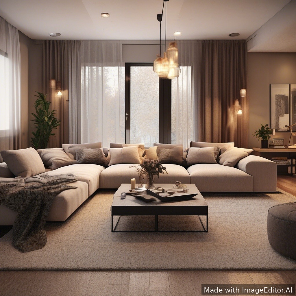 A modern living room, warm lighting, cozy textures