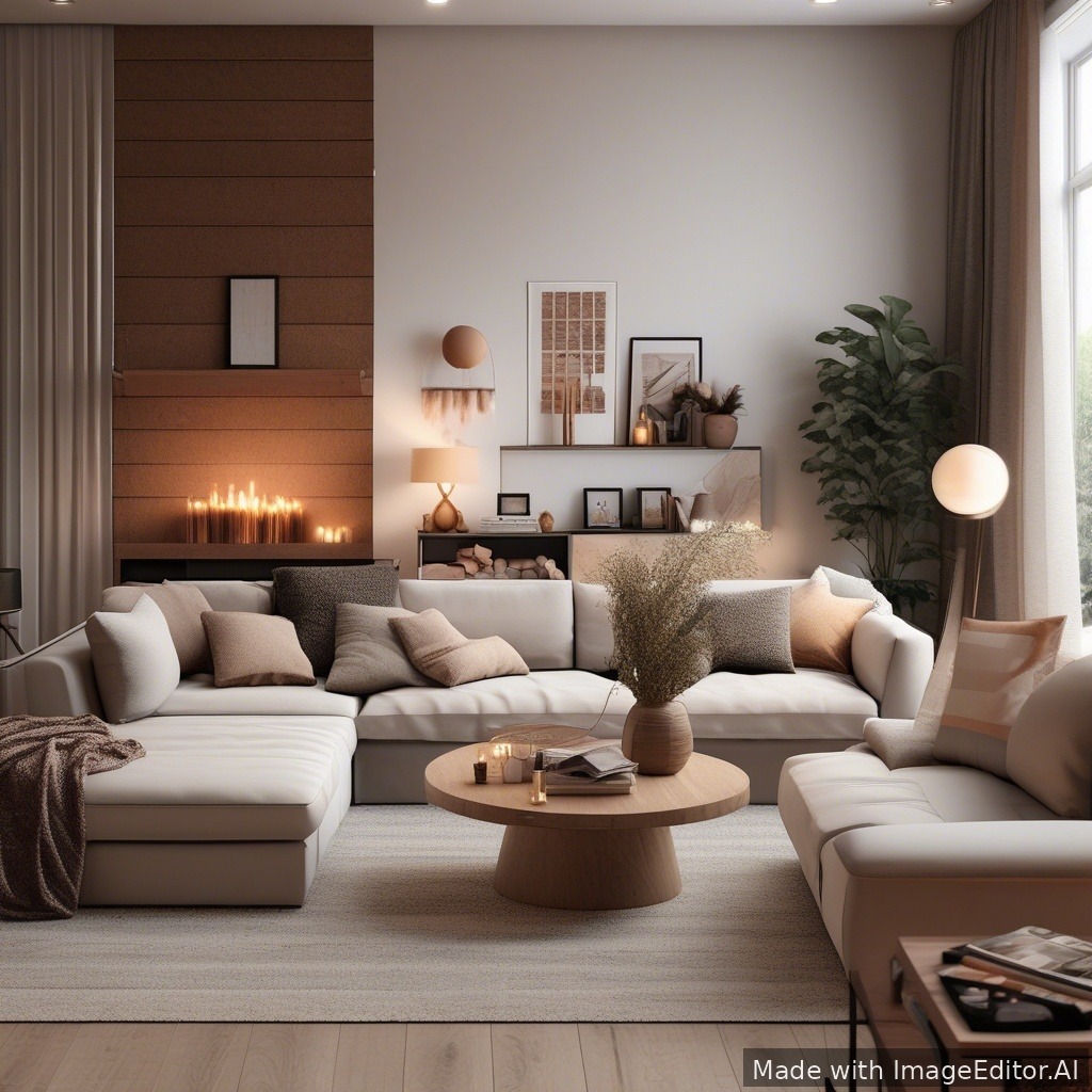 A modern living room, warm lighting, cozy textures