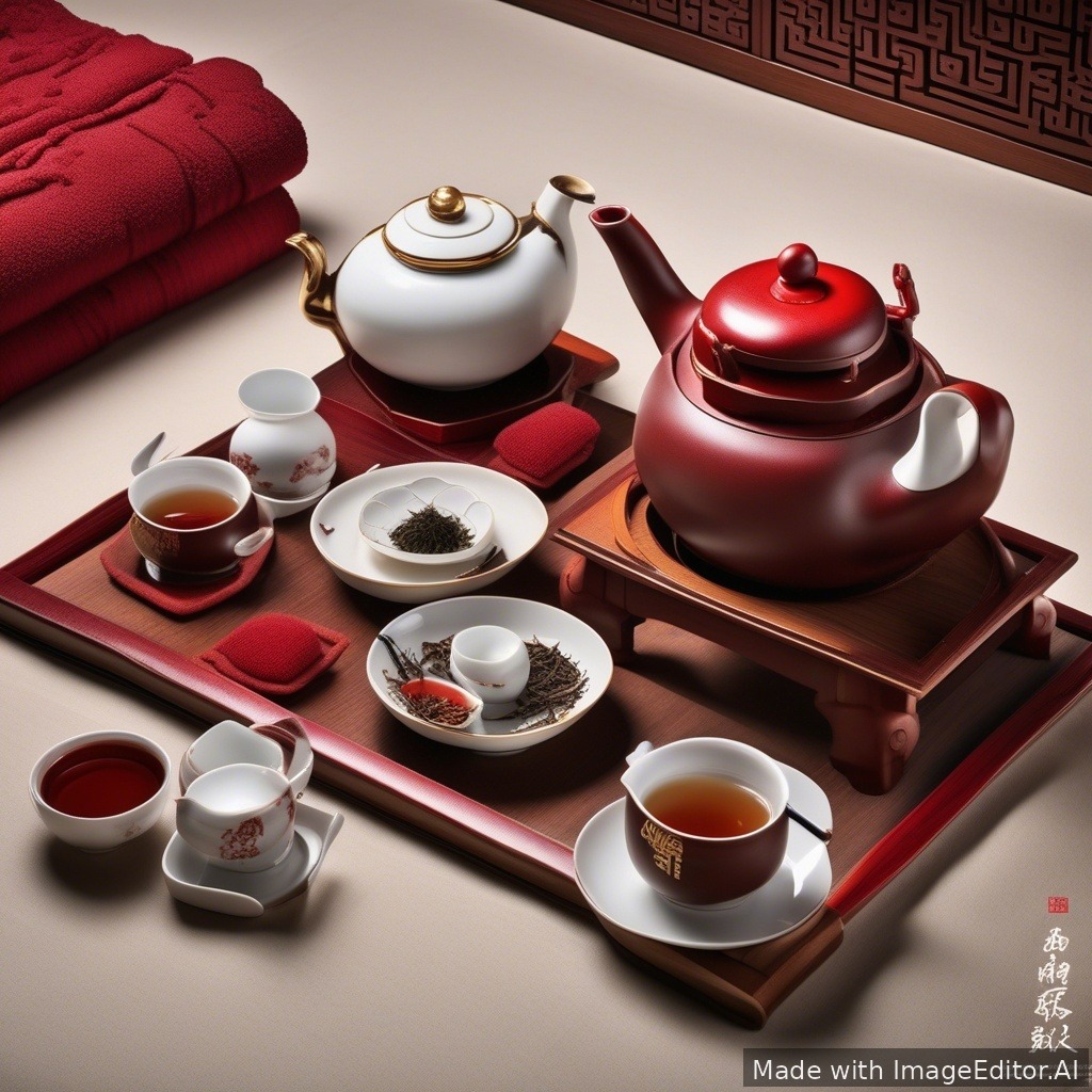 Ultra luxury promotional poster for an exclusive tea experience at Choijin Temple restaurant, designed for Mobicom HVC premium users.
Scene: elegant table setup in a refined Mongolian restaurant. A handcrafted ceramic Mongolian teapot (guts) with steam rising, matching tea cups with subtle red and gold Mobicom-inspired accents. A neatly rolled warm towel placed on a wooden tray. Soft candlelight glowing, small bonsai plant decoration.
Color palette: deep Mobicom red, gold accents, dark wood tones, warm ambient lighting.
Mood: exclusive, calm, premium, VIP experience.
Typography area (clean and minimal):
Title: "Mobicom HVC Exclusive Tea Experience"
Subtitle: "Specially crafted for Mobicom premium members"
