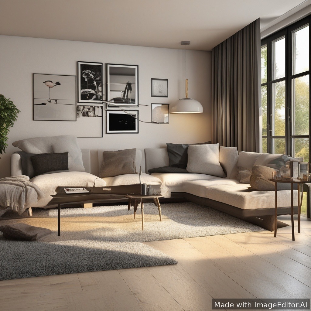 Ein modernes Wohnzimmer, warme Beleuchtung, gemütliche Texturen, photorealistic, high detail