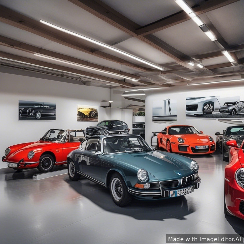 Erstelle eine Tiefgarage mit Autos der Marken BMW, Porsche und Jeep und Sol realistisch sein
