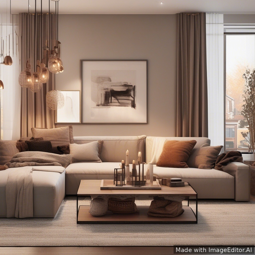 A modern living room, warm lighting, cozy textures